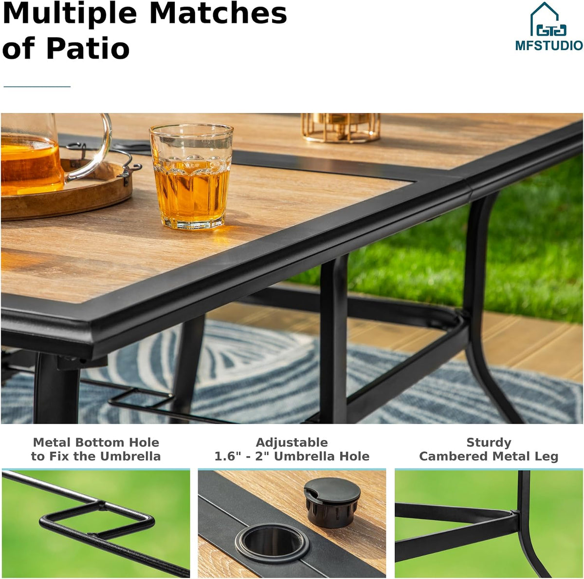 MFSTUDIO Patio Dining Set for 6, Patio Table and Chairs Set of 6 with Umbrella Hole, Outdoor Dining Set for Deck/Yard/Garden/Poolside