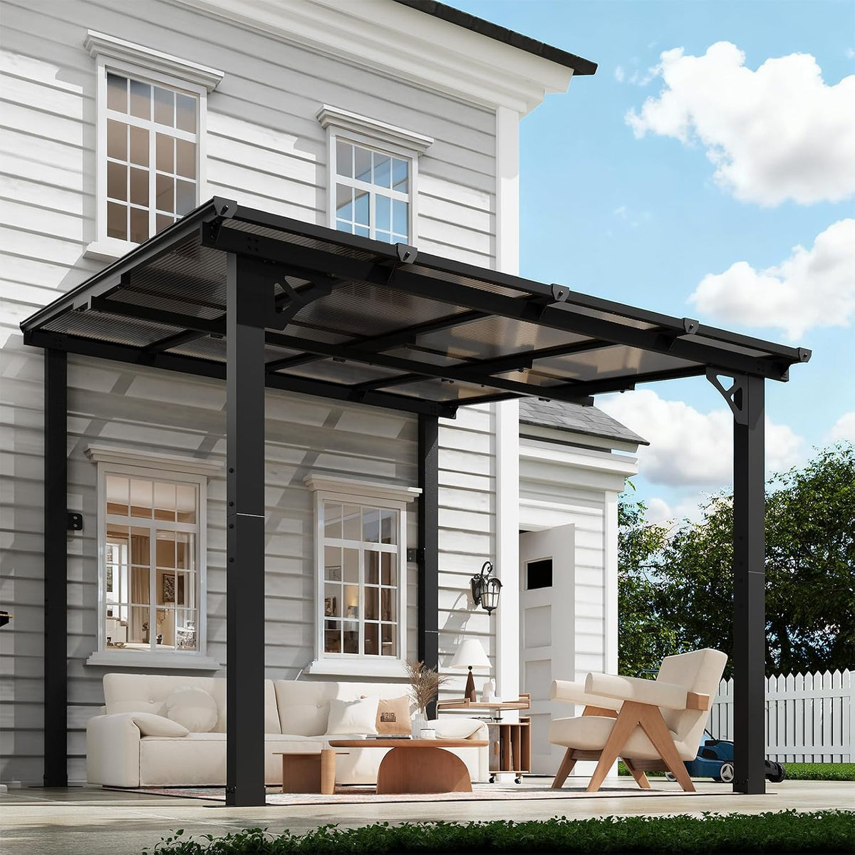 8x10FT Lean to Gazebo, Hardtop Metal Pergola with Polycarbonate Roof, Large Wall Mounted Heavy Duty Awnings, Patio Canopy for Backyard, Deck, Porch, Black