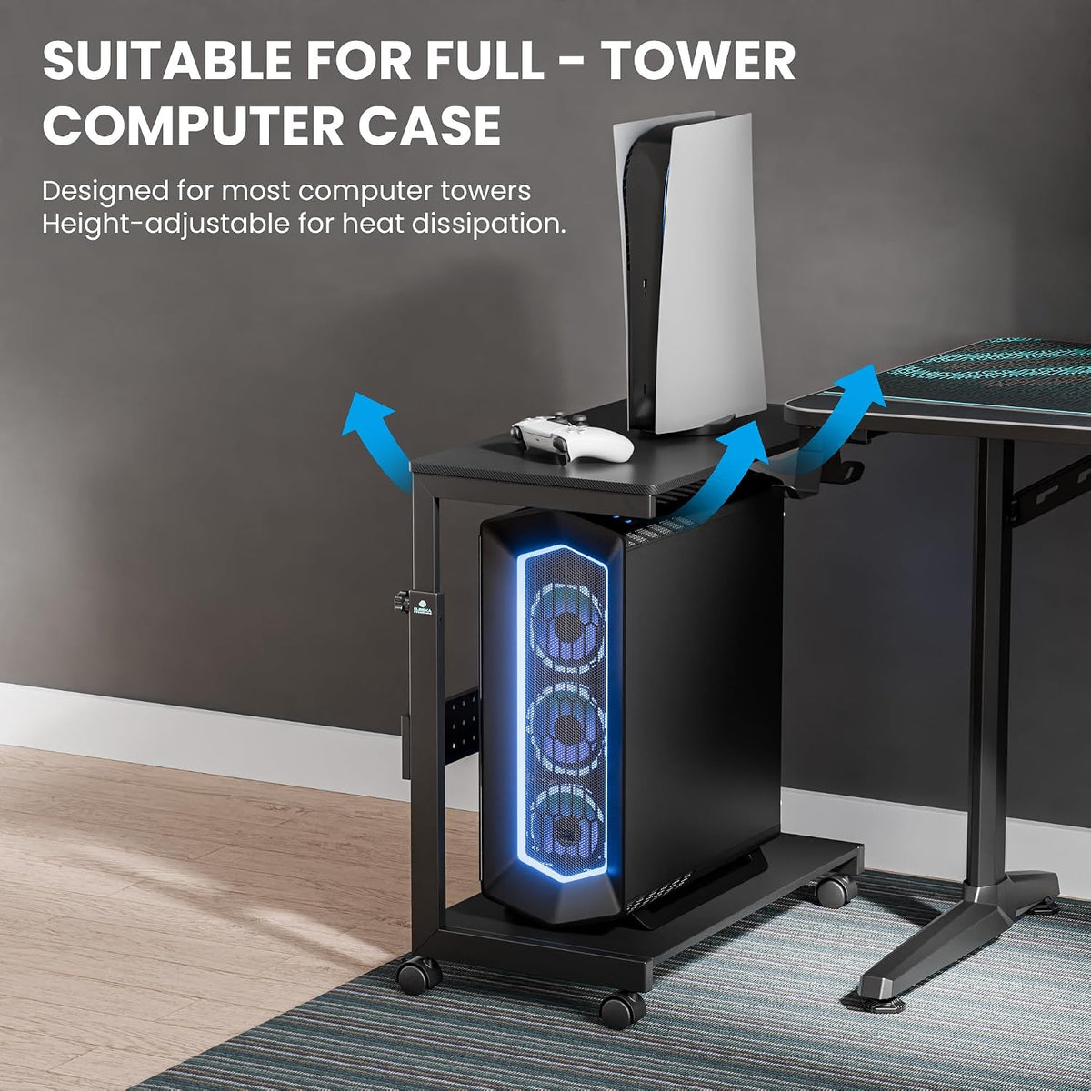 EUREKA ERGONOMIC PC Stand Computer Cart, Height Adjustable Tower Stand 2-Tier Suit for ATX Case Printer, Metal Rolling Cart on Wheels for Gaming Home Office, Carbon Fiber