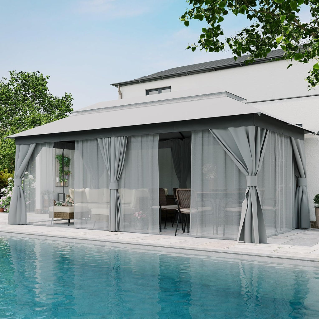 LAUSAINT HOME 10'x20' Outdoor Gazebo, Metal Frame Heavy Duty Patio Canopy Tent Shelter with Double Roofs, Mosquito Nettings and Privacy Screens for Backyard, Garden, Lawn, Gray