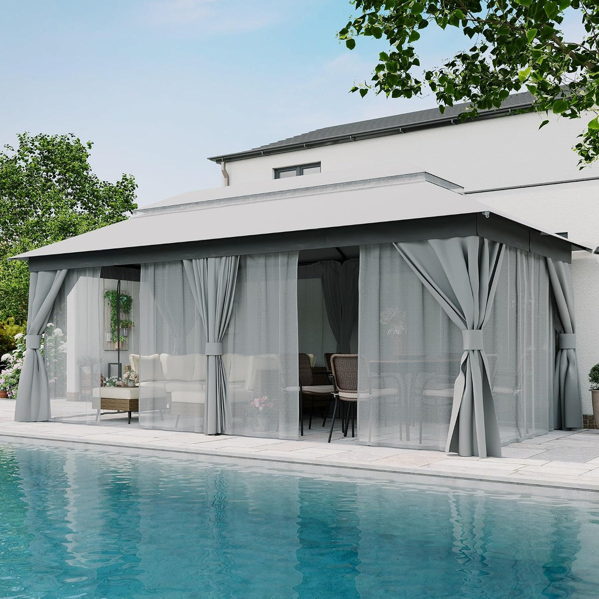 LAUSAINT HOME 10'x20' Outdoor Gazebo, Metal Frame Heavy Duty Patio Canopy Tent Shelter with Double Roofs, Mosquito Nettings and Privacy Screens for Backyard, Garden, Lawn, Gray