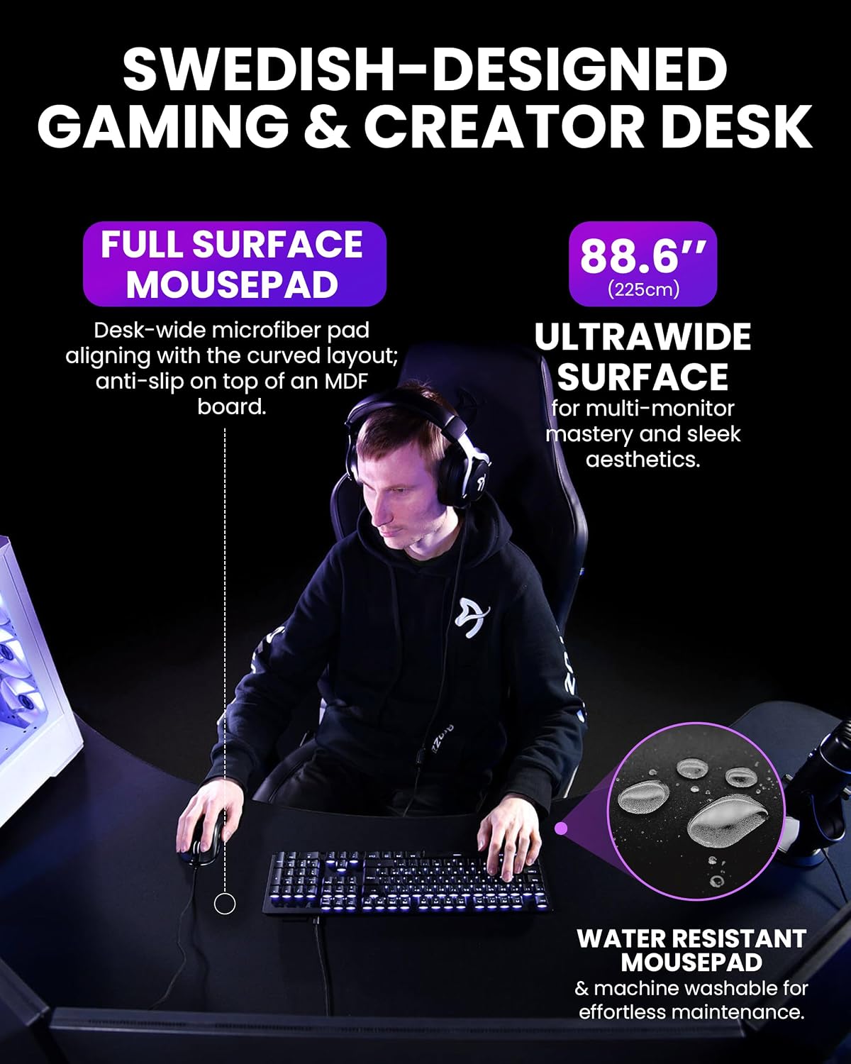 Arozzi Arena Angelo L Shaped GamingDesk, PC GamingDesk L Shape, Height Adjustable L Shaped Standing Desk for Home Office, with Full Coverage Mouse Pad (Pure Black)