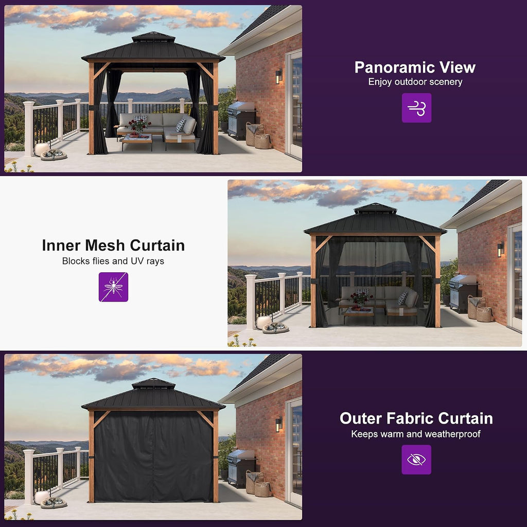 PURPLE LEAF 10' X 10' Hardtop Gazebo Outdoor Wood Grain Aluminum Frame Galvanized Steel Double Roof Gazebos with Netting and Curtains for Patio Deck Backyard Garden