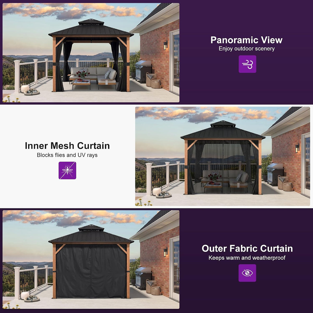 PURPLE LEAF 10' X 10' Hardtop Gazebo Outdoor Wood Grain Aluminum Frame Galvanized Steel Double Roof Gazebos with Netting and Curtains for Patio Deck Backyard Garden