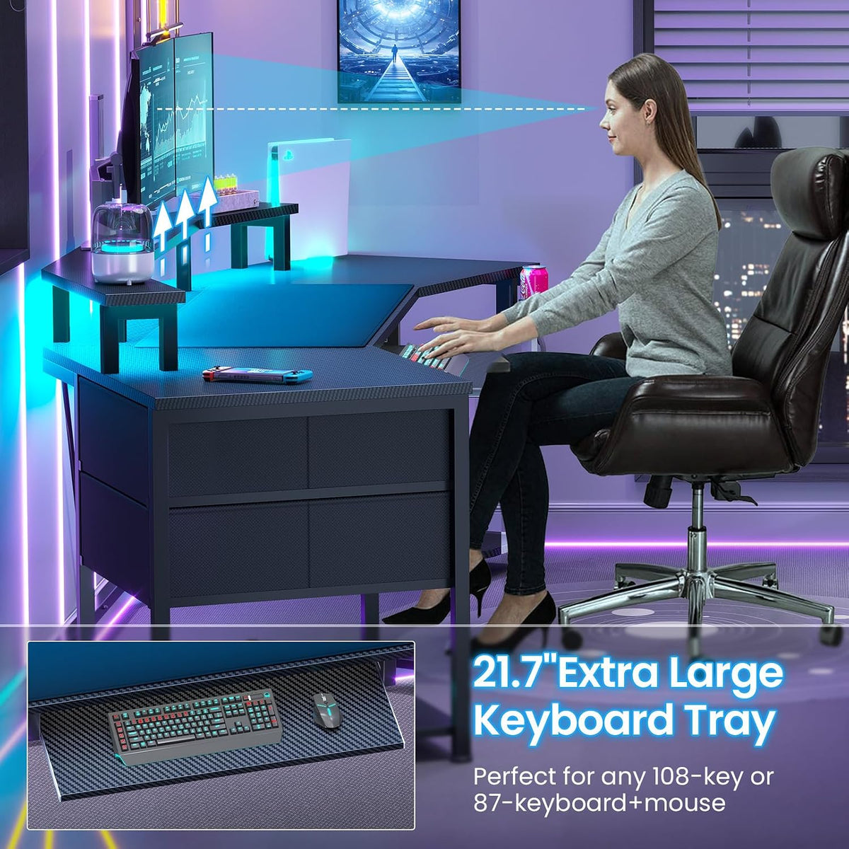Itaar 79' Gaming Desk with 2 Fabric Drawers, Long Computer Desk with Power Strip & LED Lights, U Shaped Desks with Storage and Cup Holder, Large Gaming Table for Bedroom, Carbon Fiber Black