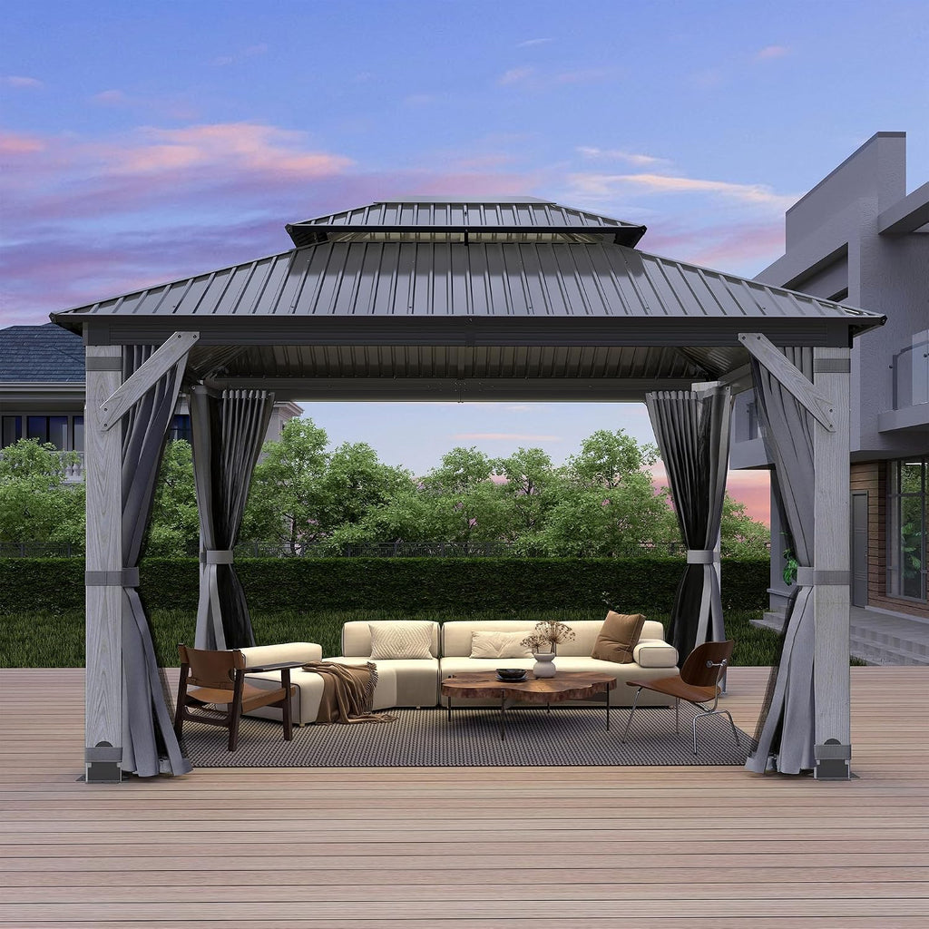 10x12FT Hardtop Wood Gazebo, Outdoor Gazebo with Cedar Wooden Pillar & Double Metal Roof - Weather-Resistant Gazebos Pavilion for Patio, Garden, Backyard (w/Netting & Gray Curtains)