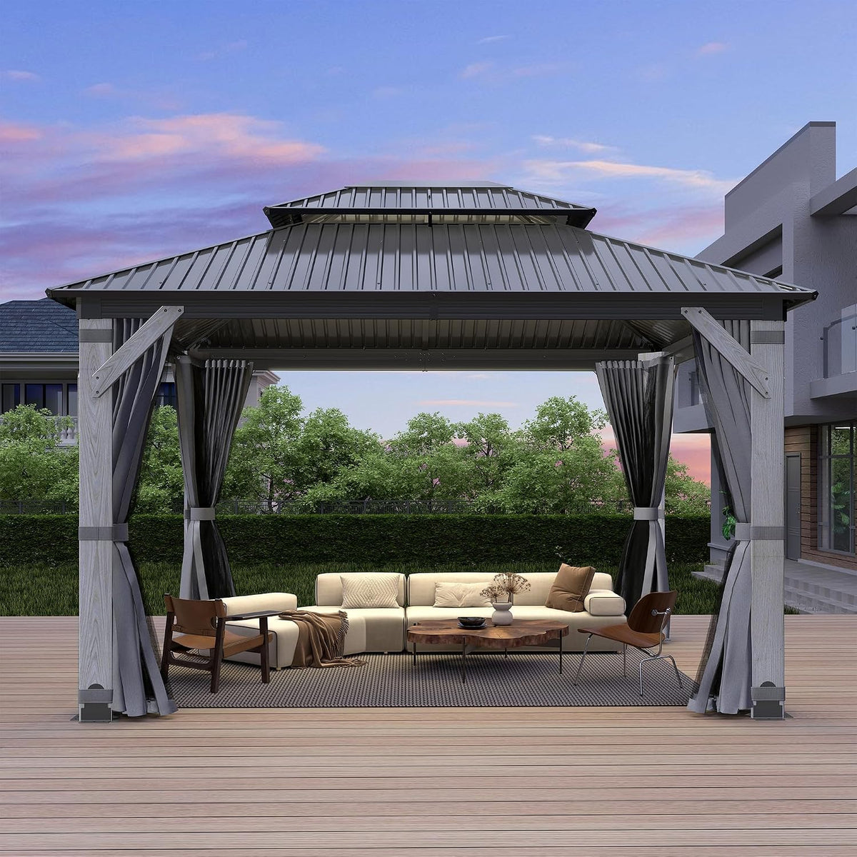 10x12FT Hardtop Wood Gazebo, Outdoor Gazebo with Cedar Wooden Pillar & Double Metal Roof - Weather-Resistant Gazebos Pavilion for Patio, Garden, Backyard (w/Netting & Gray Curtains)