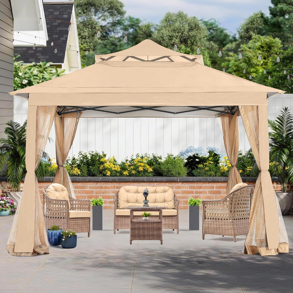 COOSHADE 11x11Ft Easy Pop Up Gazebo Tent Instant Outdoor Canopy Shelter with Mosquito Netting Walls(Khaki)