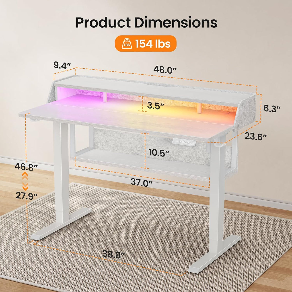 ErGear Electric Standing Desk, 48x24 Inch Adjustable Sit Stand Desk with Bookshelf & Monitor Stand, Standing Gaming Desk with LED Light Strip, Stand Up Desk for Home Office, White