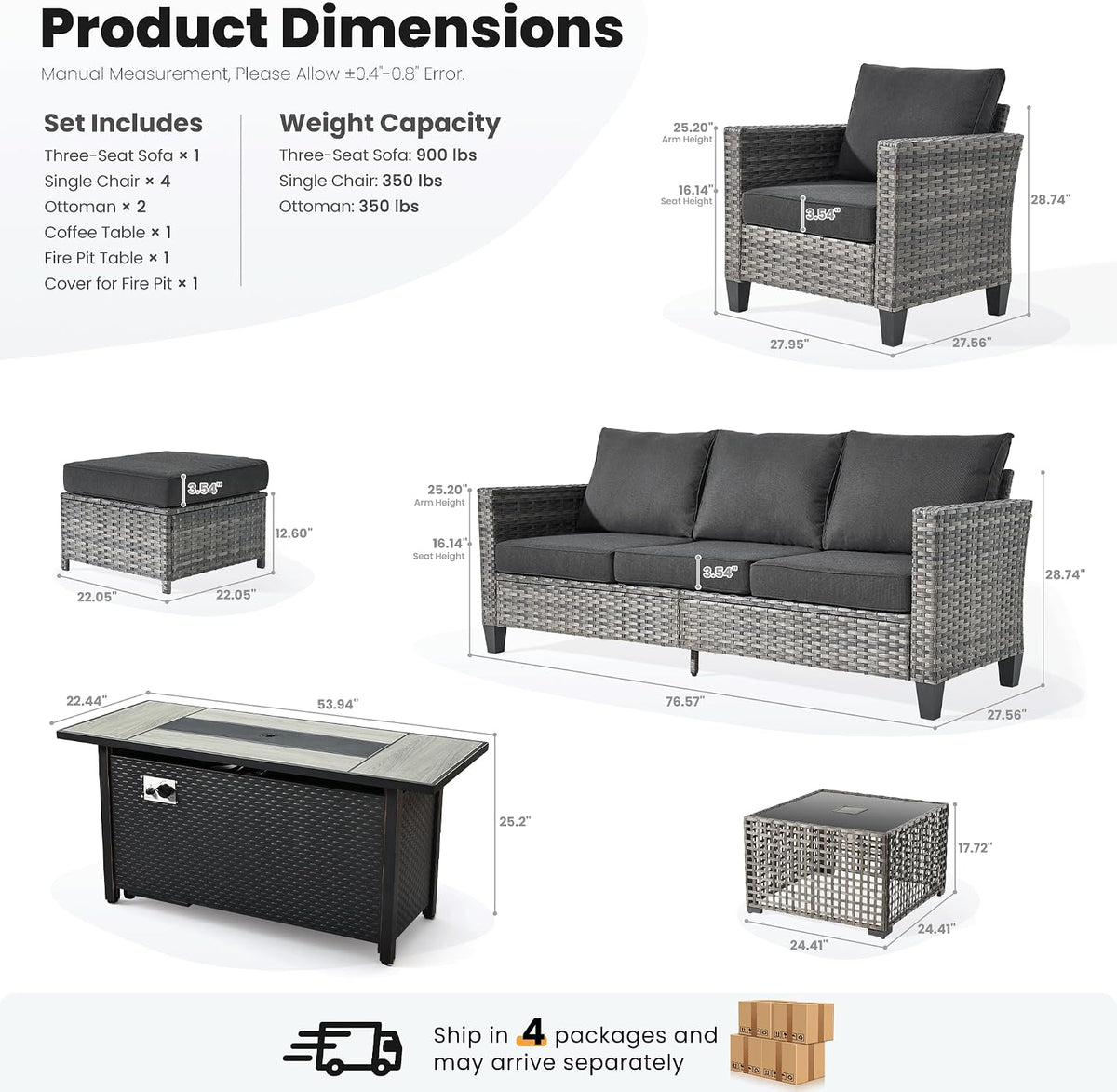 ovios 9 Pieces Patio Furniture Set with 54' Fire Pit Table, Outdoor Sofa Couch with Solar Lights Table Comfy Cushions, Modern Deep Seat Wicker Rattan Conversation Set, Black