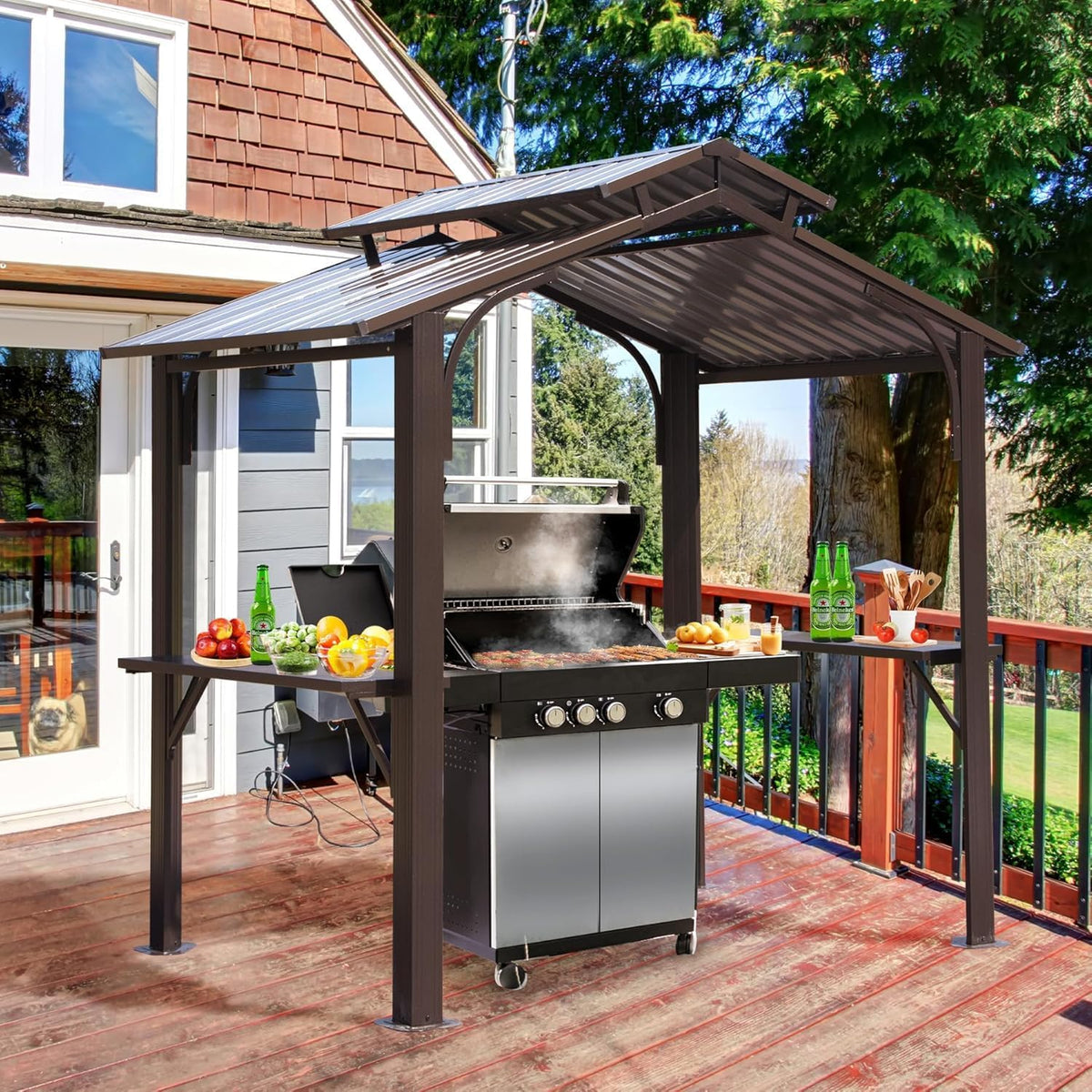 8x5FT Grill Gazebo, Outdoor Hardtop Metal Gazebo with 2 Side Shelves and Ceiling Hooks, Galvanized Steel Double Roof, All-Weather Hard Top Grill Canopy for Patio, Backyard, Lawn, Deck – Brown