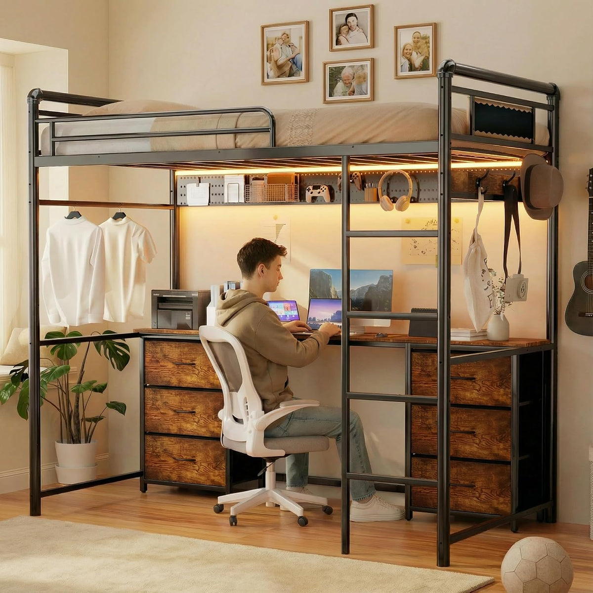 Loft Bed with Desk, Gaming Bunk Bed with Stairs, Twin Metal Loft Bed Heavy Duty Loft Beds for Adults, 6 Fabric Drawers, LED Lights & Charging Sation, No Noise & No Box Spring Needed, Brown
