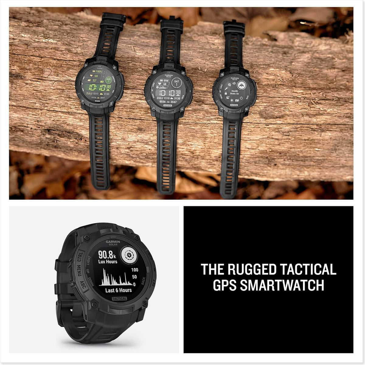 Garmin Instinct 3 Tactical Edition, Solar Charged 45mm Display, Outdoor Rugged GPS Smartwatch Bundle with USB Wall Charger + Microfiber Cleaning Cloth + More