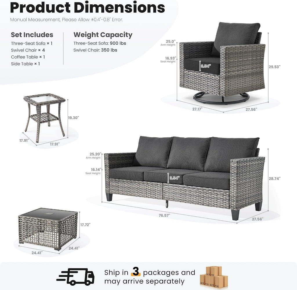 ovios 8 Pieces Patio Furniture Set with Swivel Chairs Rocking Gliders, Outdoor Sofa Couch with Solar Lights Table Comfy Cushions, Modern Deep Seat Wicker Rattan Conversation Set, Black