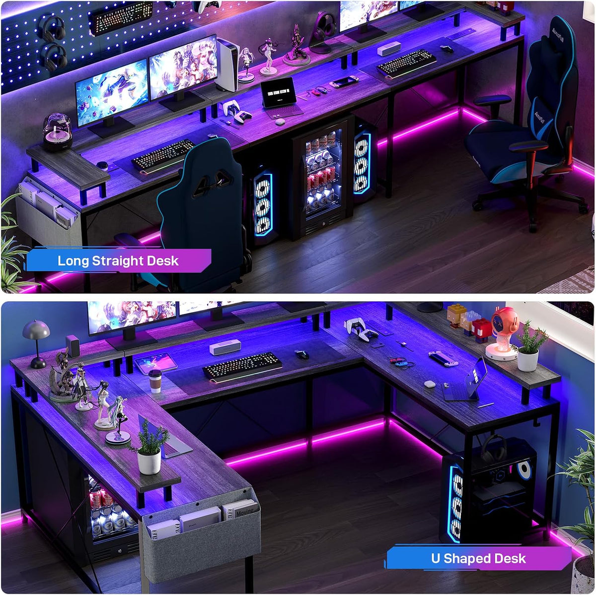 Jojoka U Shaped Computer Gaming Desk, Reversible L Shaped Desk with Power Outlets, LED Strip & Monitor Stand, Large Corner Desk with Storage Shelves for Home Office, Grey Oak