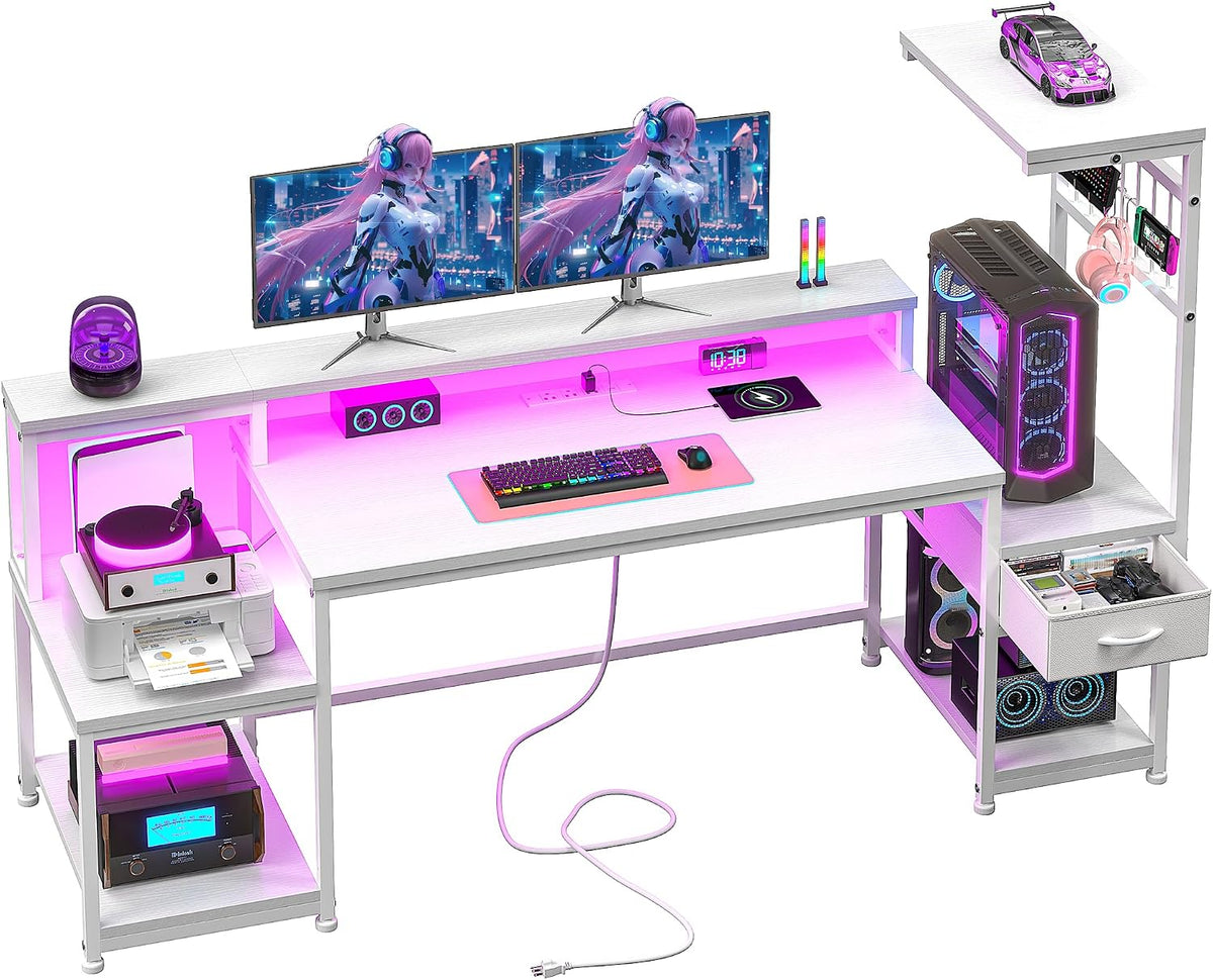 DurayLoly 63' Computer Desk with LED Lights & Outlets,Office Desk with Drawers & Monitor Stand,Gaming Desk with 3 Storage Shelves, Hooks& Printer Space for Game&Study Room,Home Office,Bedroom,White