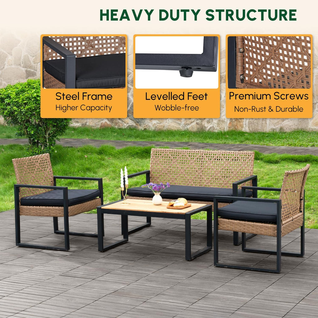 BEEFURNI Wicker Patio Furniture Outdoor Conversation Set of 4, Rattan Outdoor Furniture Set, Acacia Wood Table, 2 Chairs, 1 Loveseat, 2' Cushions, All Weather Set for Patio, Porch, Balcony (Brown)