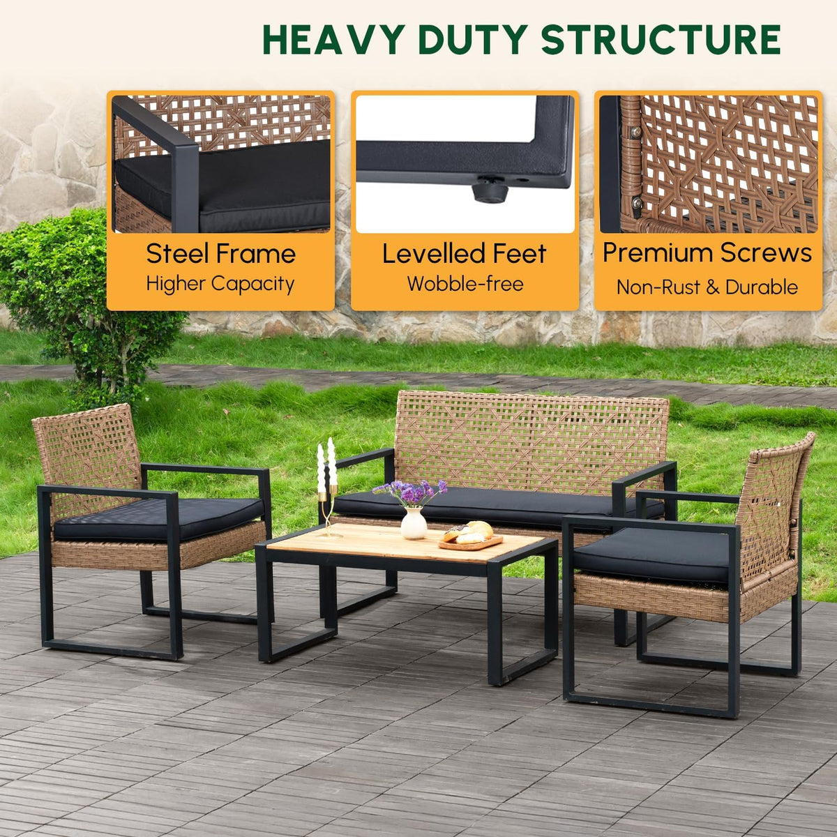 BEEFURNI Wicker Patio Furniture Outdoor Conversation Set of 4, Rattan Outdoor Furniture Set, Acacia Wood Table, 2 Chairs, 1 Loveseat, 2' Cushions, All Weather Set for Patio, Porch, Balcony (Brown)