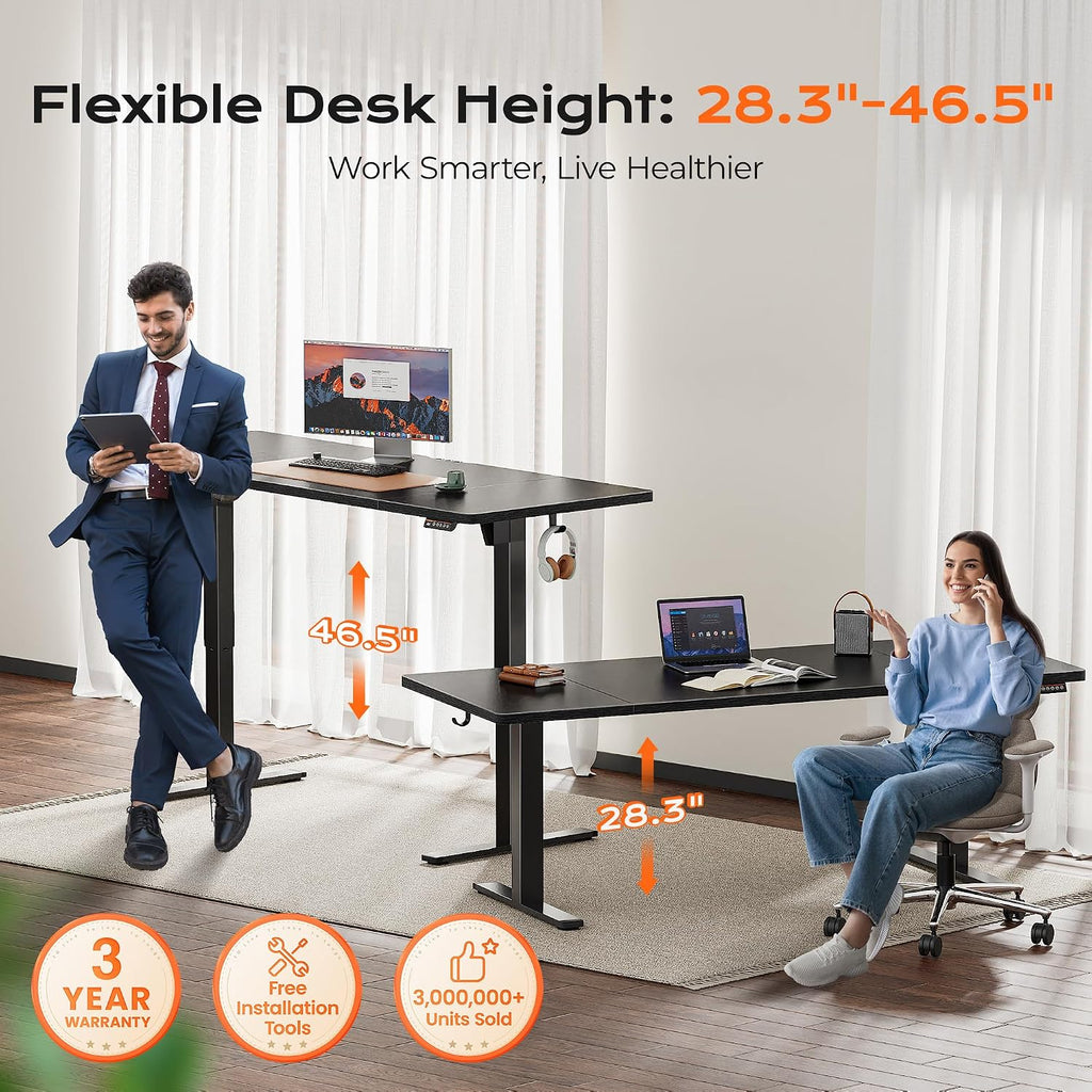 Huuger 71 x 30 Large Electric Standing Desk, Height Adjustable Computer Desk, 29.5' Deep Desktop, Stand up Gaming Office Table with 2 Hooks, 3 Preset Heights, for Home Office, Black