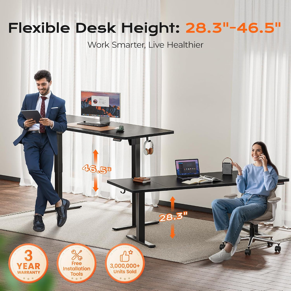 Huuger 71 x 30 Large Electric Standing Desk, Height Adjustable Computer Desk, 29.5' Deep Desktop, Stand up Gaming Office Table with 2 Hooks, 3 Preset Heights, for Home Office, Black