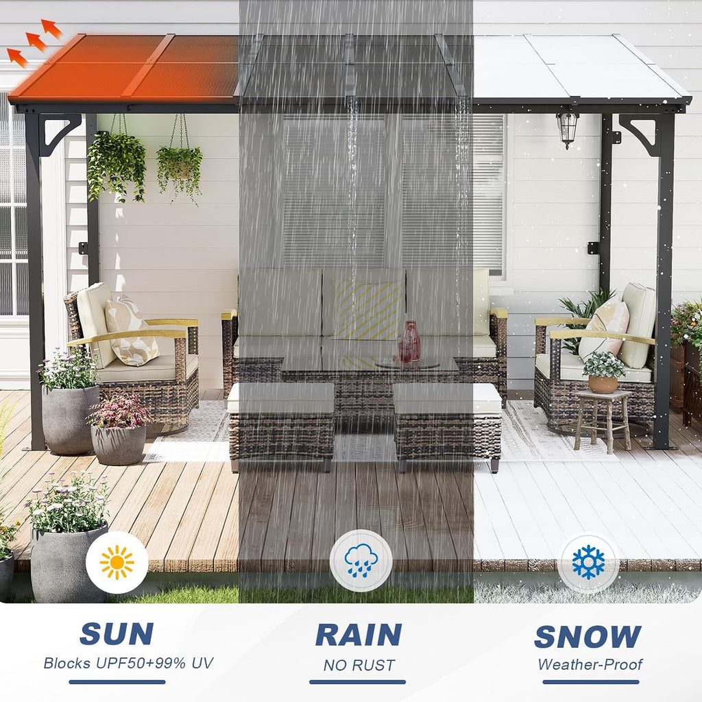 MEISSALIVVE 8' x 12' Wall Mounted Pergola, Lean to Metal Awnings, Sloped Roof Patio Gazebo Awning, Black