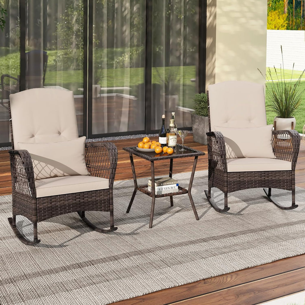 ORALNER 3 Pieces Patio Furniture Wicker Rocker Set, Outdoor Rocking Chairs with Cushions, Pillows, Glass Coffee Table, Rattan Bistro Set for Balcony Front Porch Poolside Garden Deck (Beige)