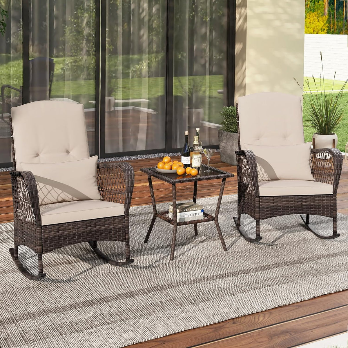 ORALNER 3 Pieces Patio Furniture Wicker Rocker Set, Outdoor Rocking Chairs with Cushions, Pillows, Glass Coffee Table, Rattan Bistro Set for Balcony Front Porch Poolside Garden Deck (Beige)