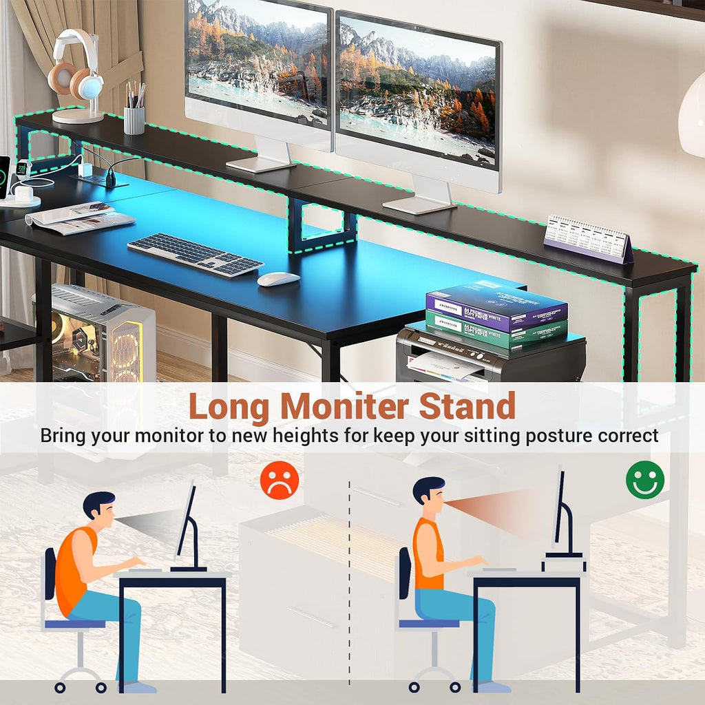 Aheaplus L Shaped Desk with File Drawer, 72.8' Reversible L Shaped Computer Desk with Power Outlet & LED Strip, Gaming Desks with Long Monitor Stand, Corner Office Desks with Storage Shelf, Black