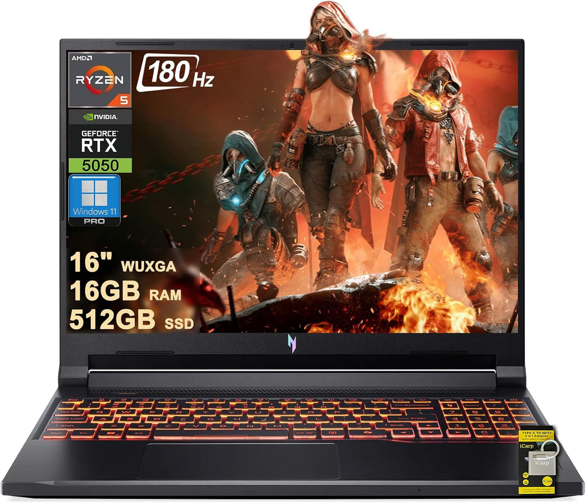 acer Nitro V 16 AI Gaming Laptop 16' WUXGA IPS 180Hz AMD 6-core Ryzen 5 240 16GB DDR5 512GB SSD GeForce RTX 5050 (Up to 421 AI Tops) Backlit Wi-Fi6E Type-C Win11Pro w/ICP Hub