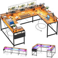 GAOMON U Shaped Desk, 126 Inch Gaming Desk with Monitor Stand and LED Lights, Reversible Shaped Large Computer Desk with Power Outlets, Office Desk with Storage Bag and Hooks, Vintage