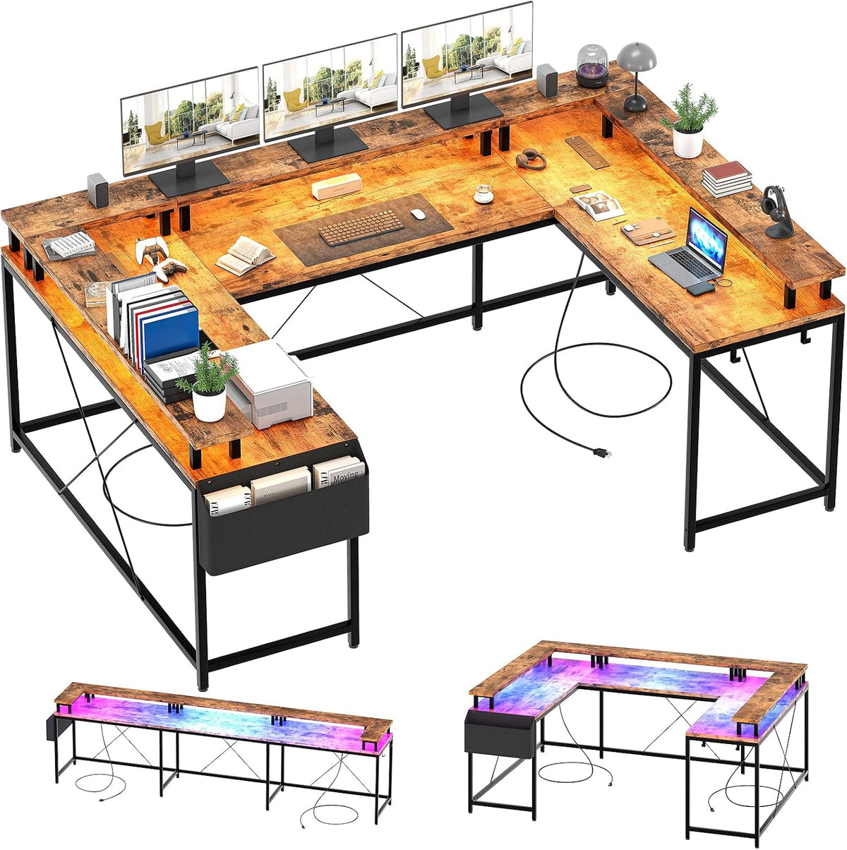 GAOMON U Shaped Desk, 126 Inch Gaming Desk with Monitor Stand and LED Lights, Reversible Shaped Large Computer Desk with Power Outlets, Office Desk with Storage Bag and Hooks, Vintage
