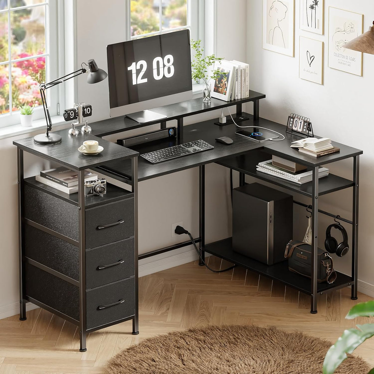 Korfile 47 Inch L Shaped Gaming Desk with Power Outlets and LED Lights, Reversible Computer Desk with File Drawers & Monitor Stand, Corner Gamer Desk Table for Home Office with Storage Shelves, Black