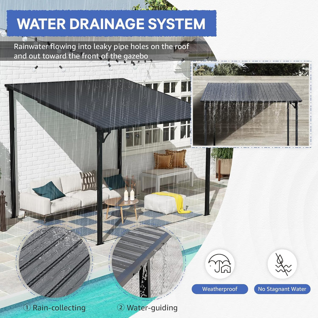 SUNSITT 8 * 10FT Outdoor Gazebo, Lean to Gazebo Pergola w/Drainage Holes, Wall-Mounted Gazebos with Galvanized Iron Hard Top Awnings for Yard, Dark Grey