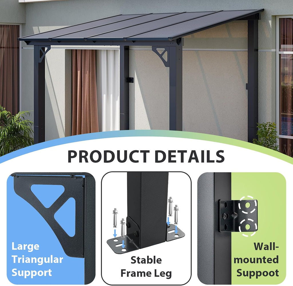 Aoxun 8'x 5' Premium Gazebo with Aluminum Top Frame & Polycarbonate Panel, Wall Mounted Gazebos Pergola, Outdoor Patio Lean to Gazebo, Awnings with Sloped Roof, for Backyard, Porch, Deck