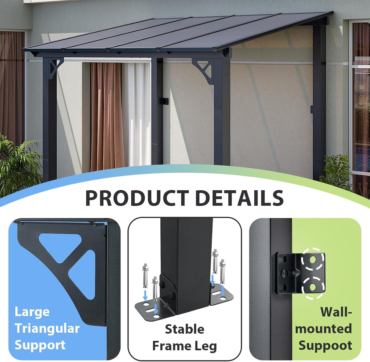 Aoxun 8'x 5' Premium Gazebo with Aluminum Top Frame & Polycarbonate Panel, Wall Mounted Gazebos Pergola, Outdoor Patio Lean to Gazebo, Awnings with Sloped Roof, for Backyard, Porch, Deck