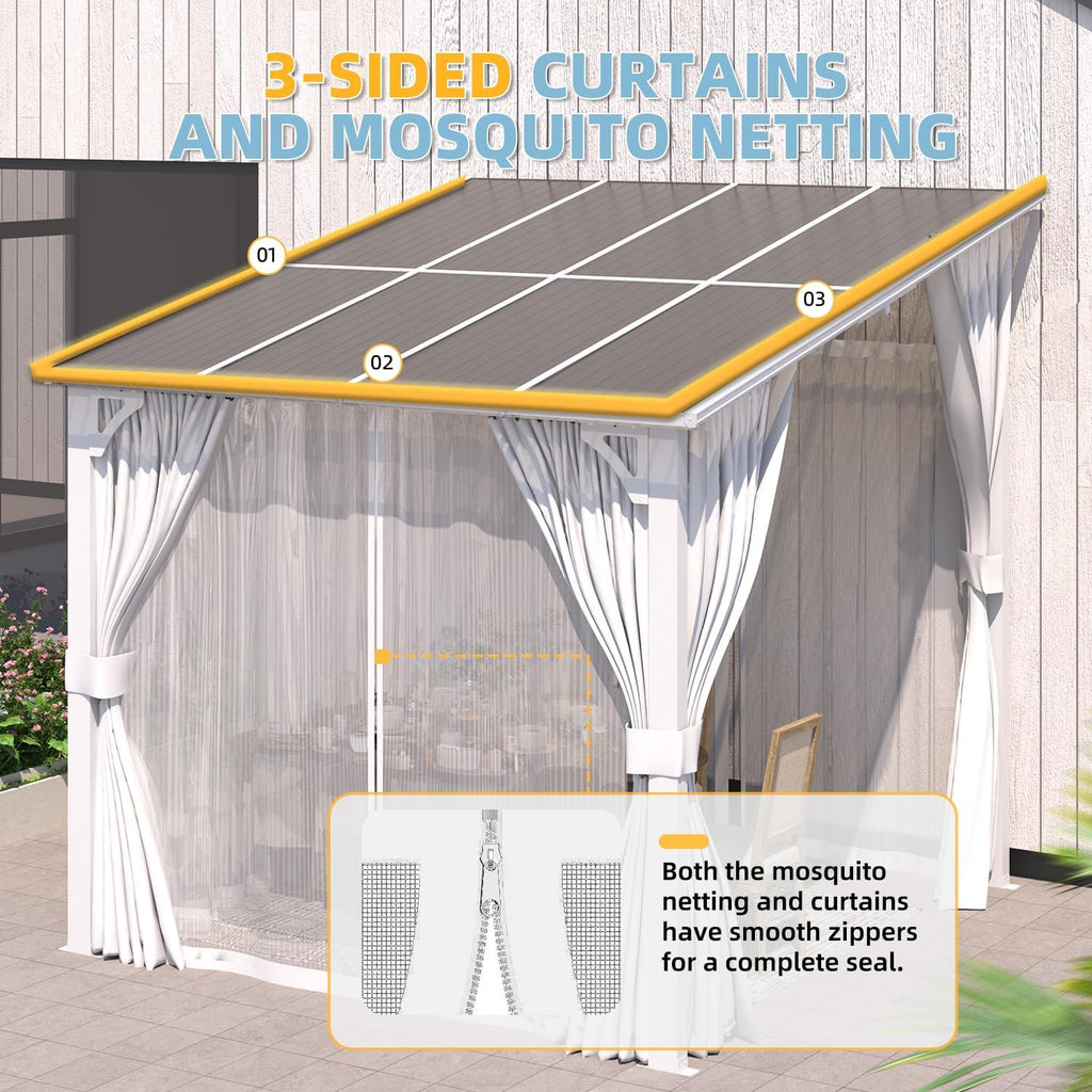 AECOJOY 8'x8' Outdoor Lean to Gazebo Pergola with Curtains and Netting for Patio, Small Wall Mounted Pergolas and Grill Gazebos Clearance, Heavy Duty Carport Metal Awnings Canopy for Deck in White