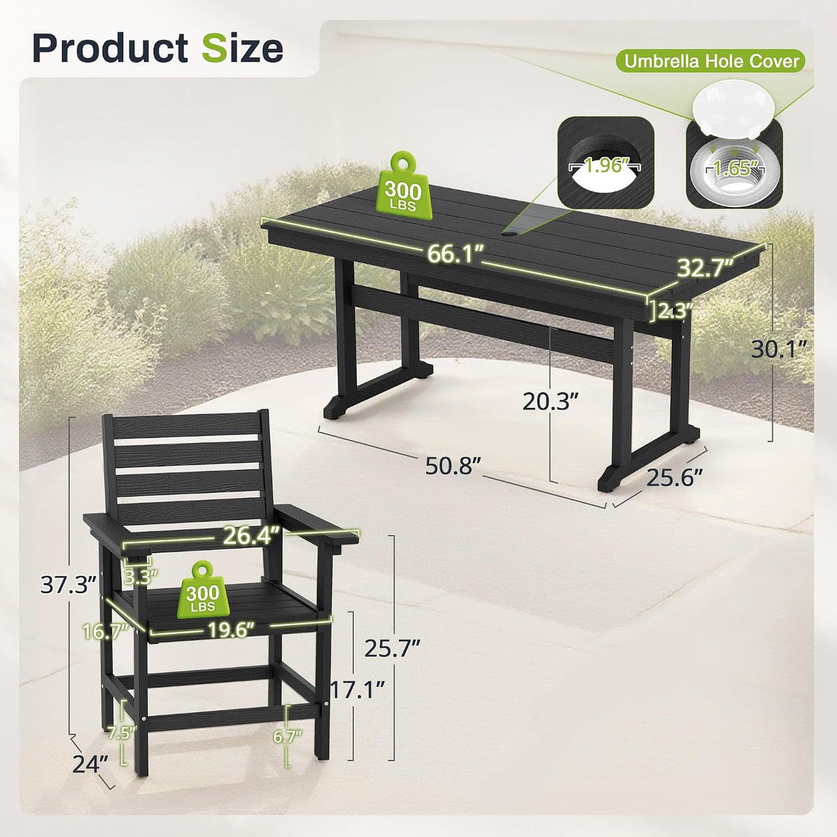 7 Piece Outdoor Dining Set, HDPS Patio Table and Chairs Set, 66' Patio Table with 1.96' Umbrella Hole & 6 Chairs, All Weather Furniture for Garden, Backyard, Poolside (Black)