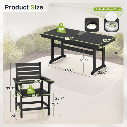 7 Piece Outdoor Dining Set, HDPS Patio Table and Chairs Set, 66' Patio Table with 1.96' Umbrella Hole & 6 Chairs, All Weather Furniture for Garden, Backyard, Poolside (Black)