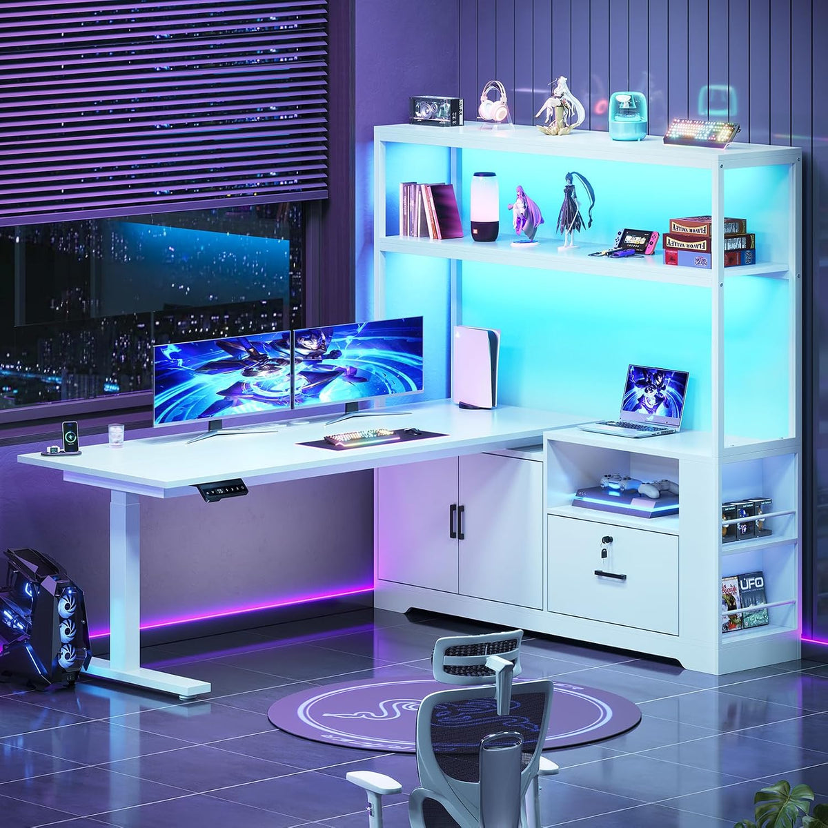 SEDETA 56.7' L Shaped Standing Desk, Reversible Computer Office Desk with Drawers & Hutch, Stand Up Corner Gaming Desks with LED Lights & Power Outlets for Home Office, White