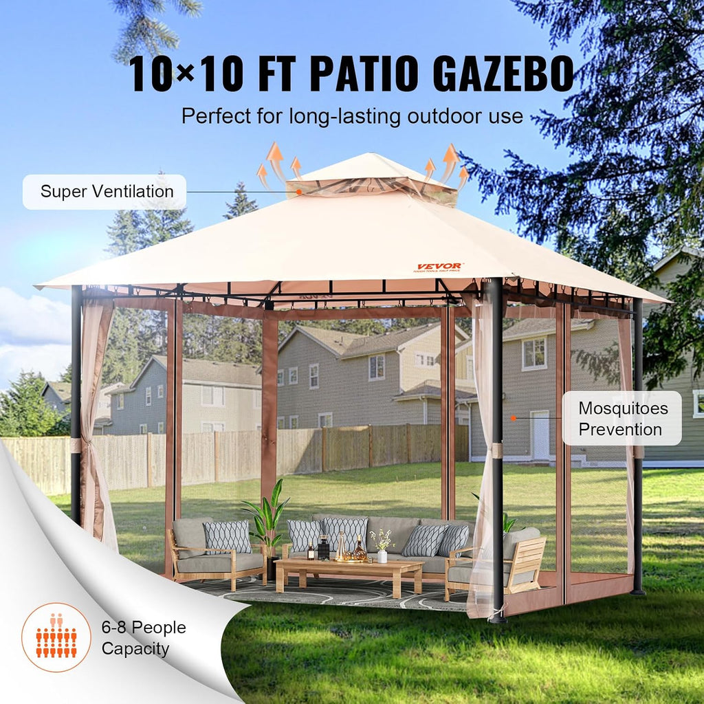VEVOR Patio Gazebo for 6-8 Person, 10 x 10 FT Backyard Gazebo, with Mosquito Netting, Metal Frame, and PU Coated 180G Polyester, Outdoor Canopy Shelter for Patio, Backyard, Lawn, Garden, Deck