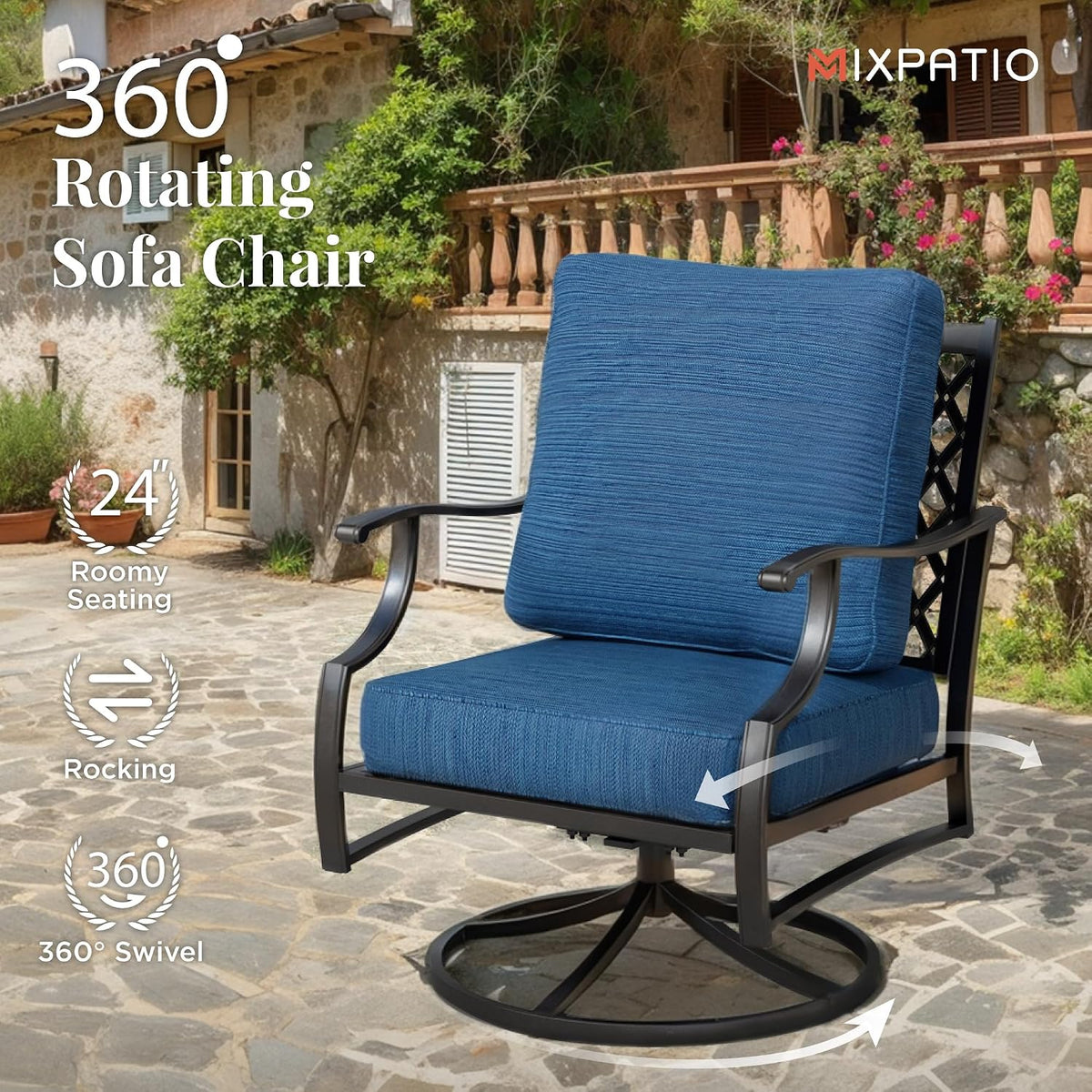 MIXPATIO Patio Furniture Set with Fire Pit Table, 5 Pcs Metal Outdoor Conversation Set, 4 Swivel Chairs with 5.75' Extra Thick Cushion and 28' Fire Pit Table for Backyard Deck, Green Blue