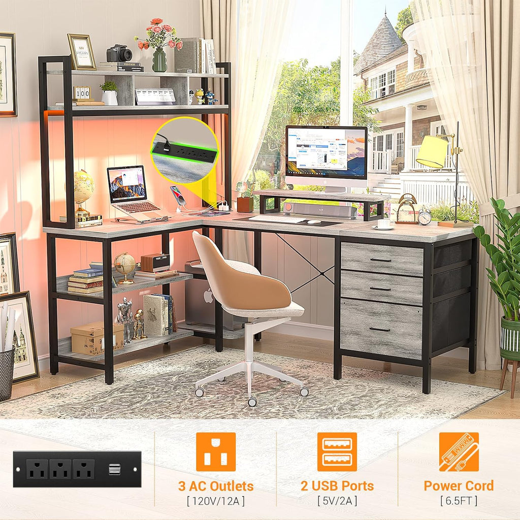 Aheaplus L Shaped Desk with Hutch, Gaming Desk with Led Lights, Reversible Computer Desk with Power Outlet, Corner Desk with File Drawer & Monitor Stand, Storage Shelves for Home Office, White Oak