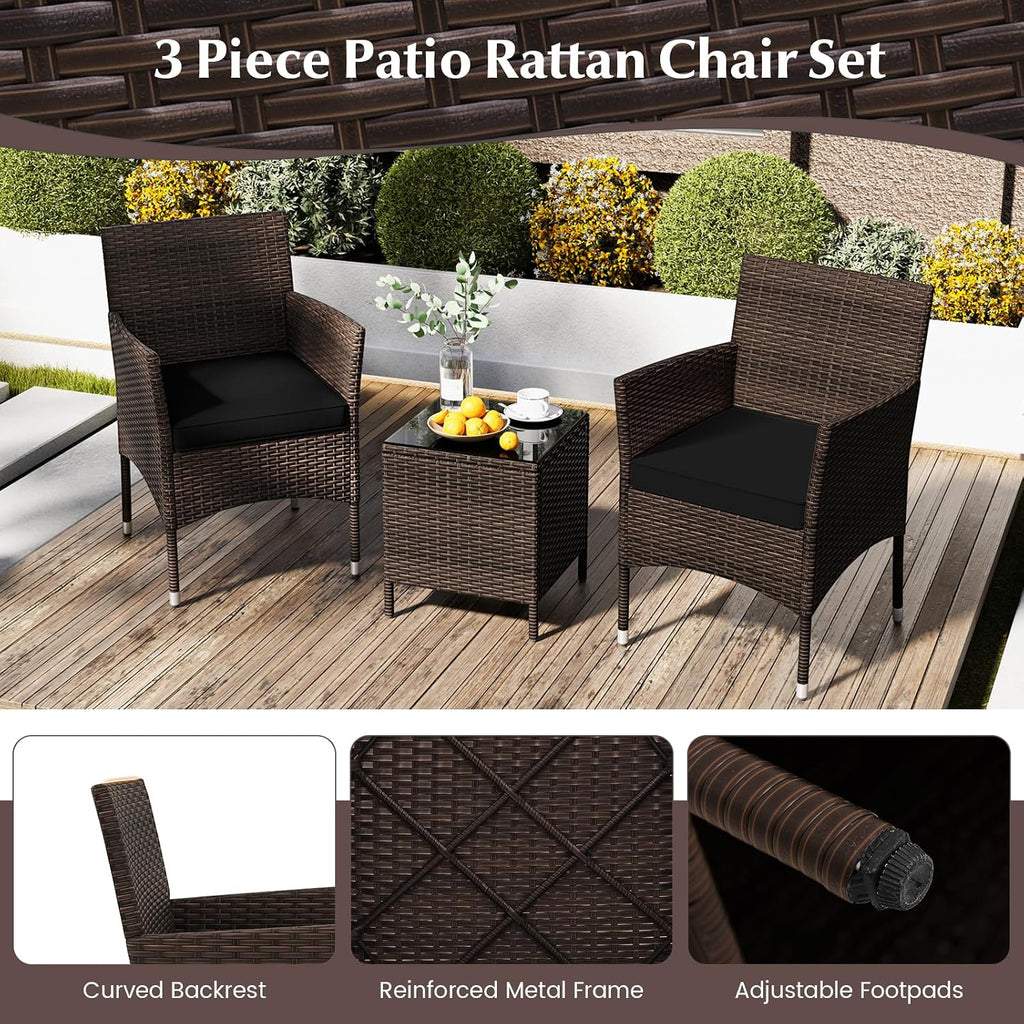 KOTEK 3 Piece Patio Furniture Set, Outdoor Wicker Patio Chairs with Soft Cushions & Tempered Glass Top Table, PE Rattan Bistro Set for Porch, Garden, Balcony (Black)