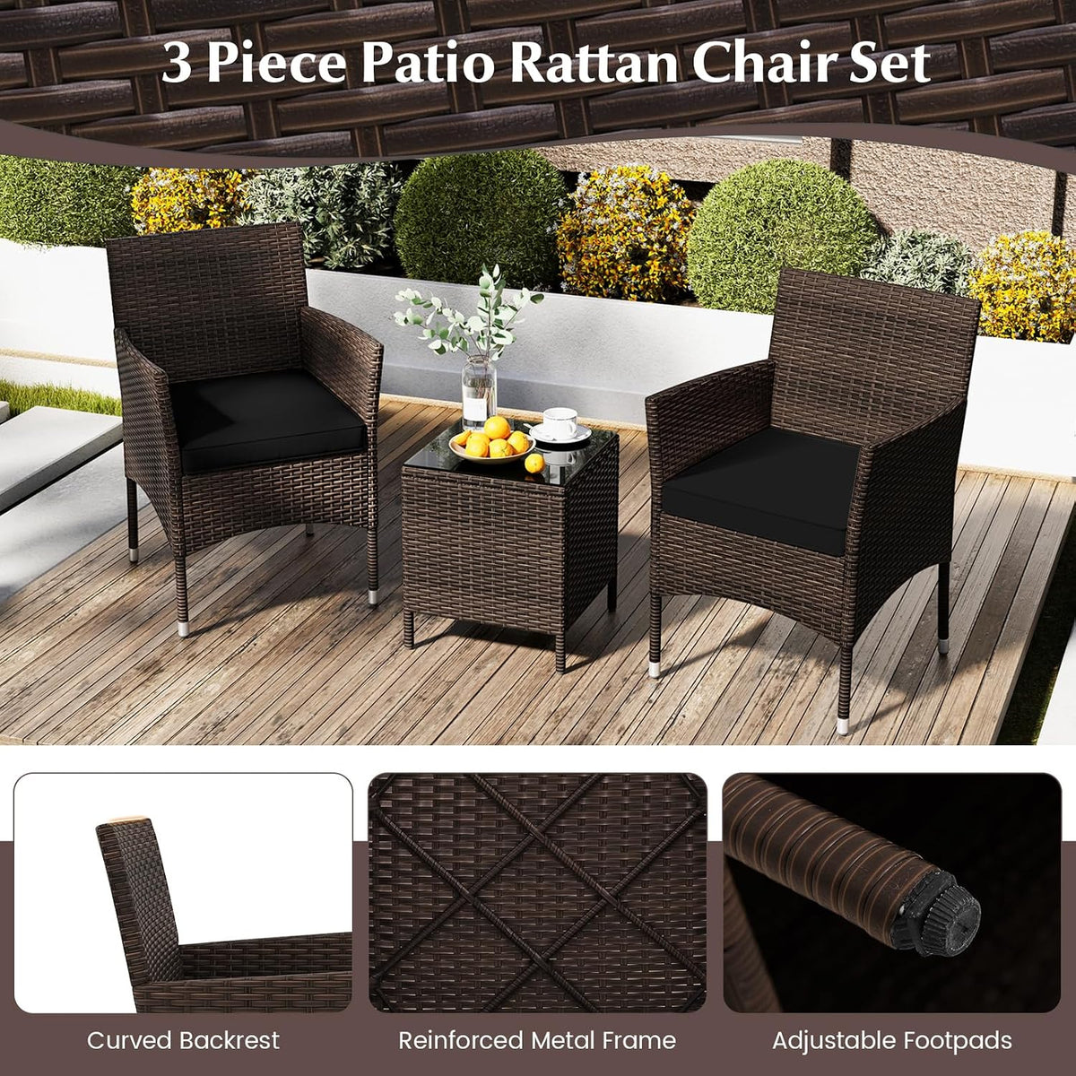 KOTEK 3 Piece Patio Furniture Set, Outdoor Wicker Patio Chairs with Soft Cushions & Tempered Glass Top Table, PE Rattan Bistro Set for Porch, Garden, Balcony (Black)