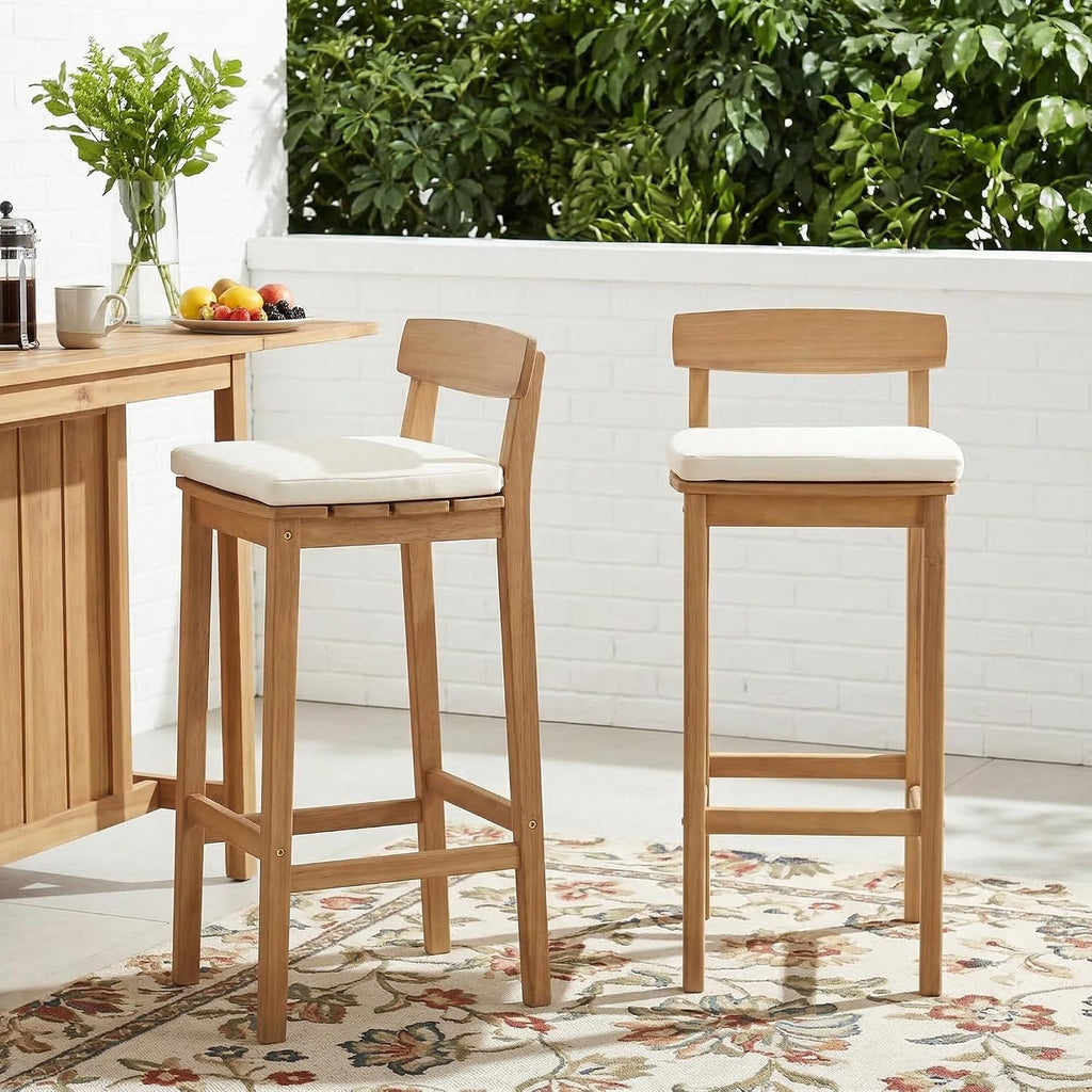 Patio Bar Stools Set of 2, Solid Acacia Wood Patio Barstools with Footrest, 28.5' Counter Height Outdoor Bar Stools, High Top Patio Bar Chairs for Balcony/Deck/Kitchen Island/Bistro, Beige