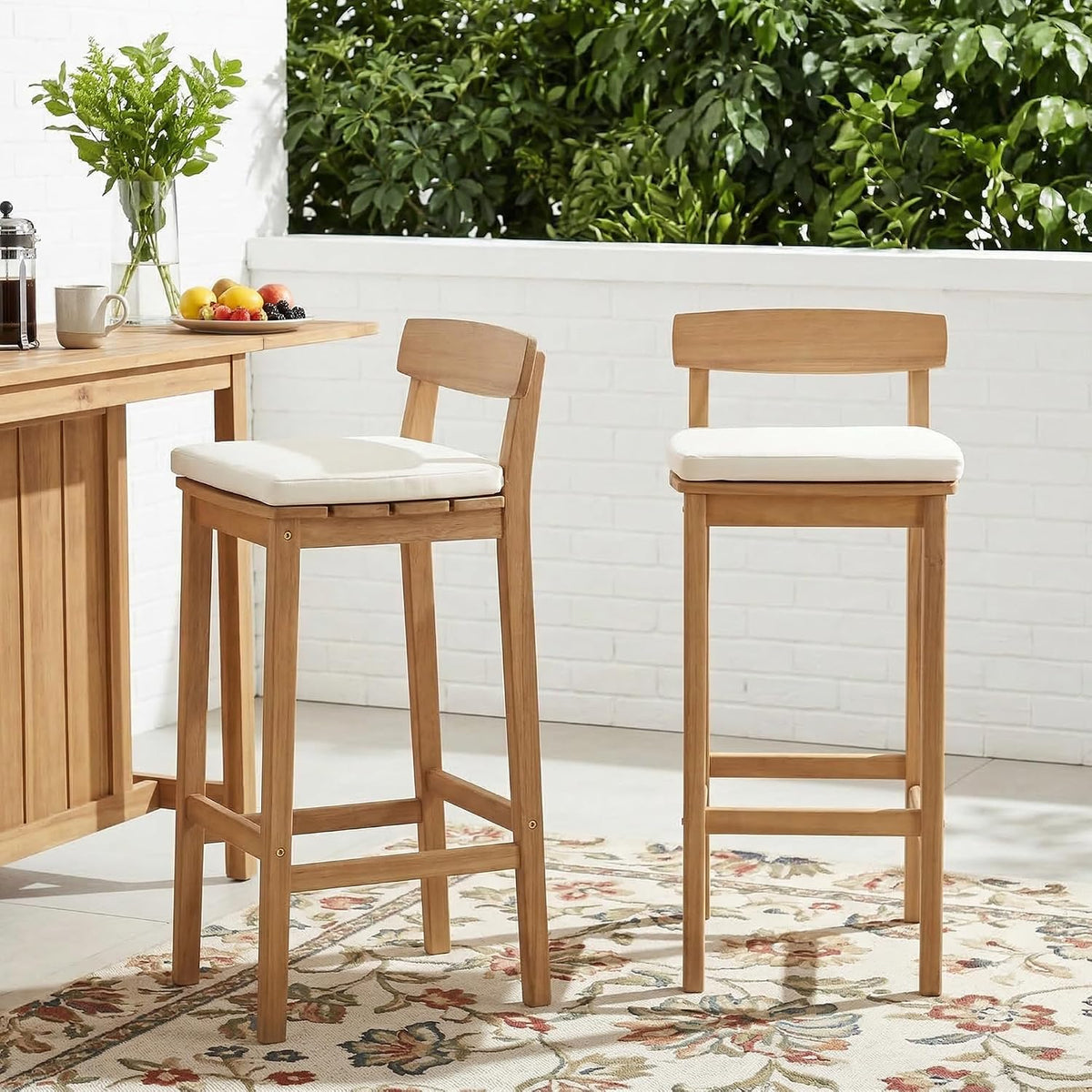 Patio Bar Stools Set of 2, Solid Acacia Wood Patio Barstools with Footrest, 28.5' Counter Height Outdoor Bar Stools, High Top Patio Bar Chairs for Balcony/Deck/Kitchen Island/Bistro, Beige