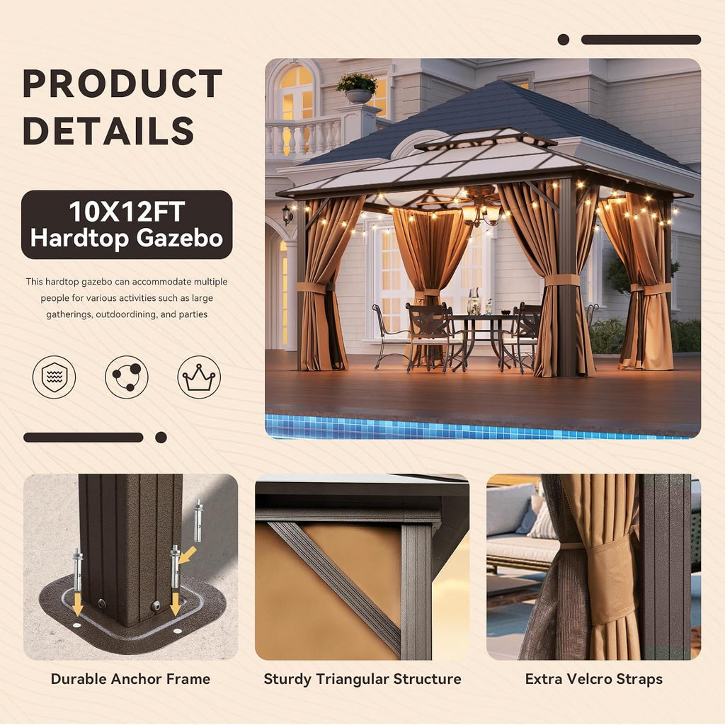 Aoxun 10'x12' Hardtop Gazebo, Outdoor Metal Gazebo with Double Polycarbonate Roof Canopy, Permanent Pavilion with Netting and Curtains for Lawn, Garden, Patio (Khaki)