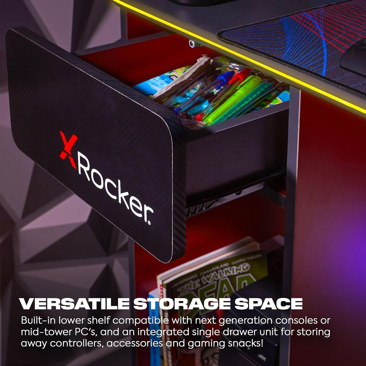 X Rocker Carbon Tek LED Gaming Desk with Wireless Charging, Headphone Hook, and Cable Management
