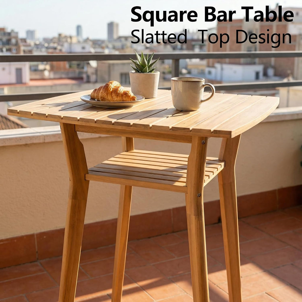 3 Piece Outdoor Patio Bar Set, Modern Patio Furniture Set, Acacia Counter Height Barstools, Bar Height Patio Set with Cushions, 28.5' Patio Bar Stools with Coffee Table for Balcony, Grey