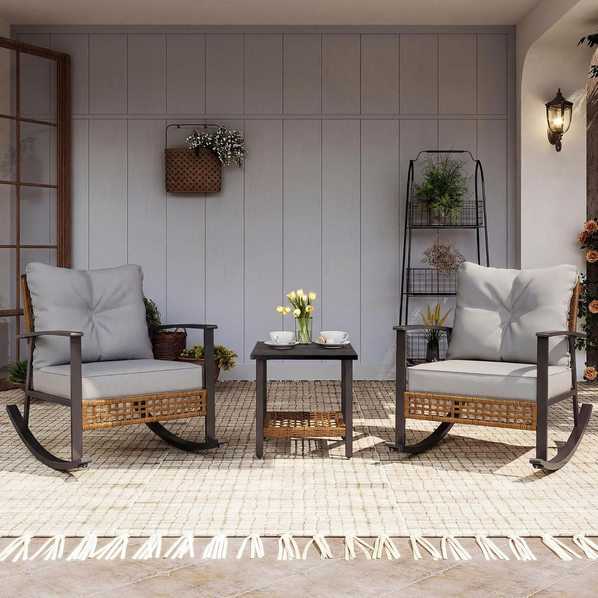 LAUSAINT HOME 3-Piece Rocking Bistro Set, Outdoor Patio Furniture with Thick Cushions and 2-Tier Coffee Table, Oversize Rattan Conversation Set for Garden, Balcony, Backyard (Grey)